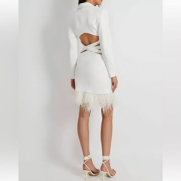 PATBO Feather Trim Cut-Out Mini Dress. White. Brand New! Sold Out Everywhere. - Picture 4 of 10